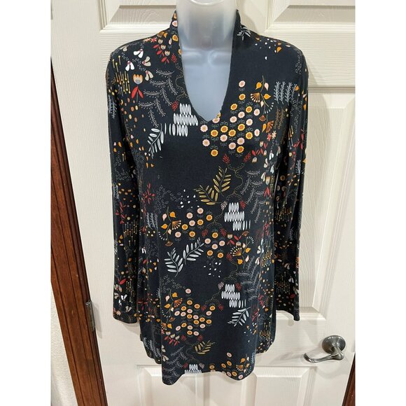 Salaam XS Black Floral Print Long Sleeve V-Neck Tunic Top - Picture 6 of 7